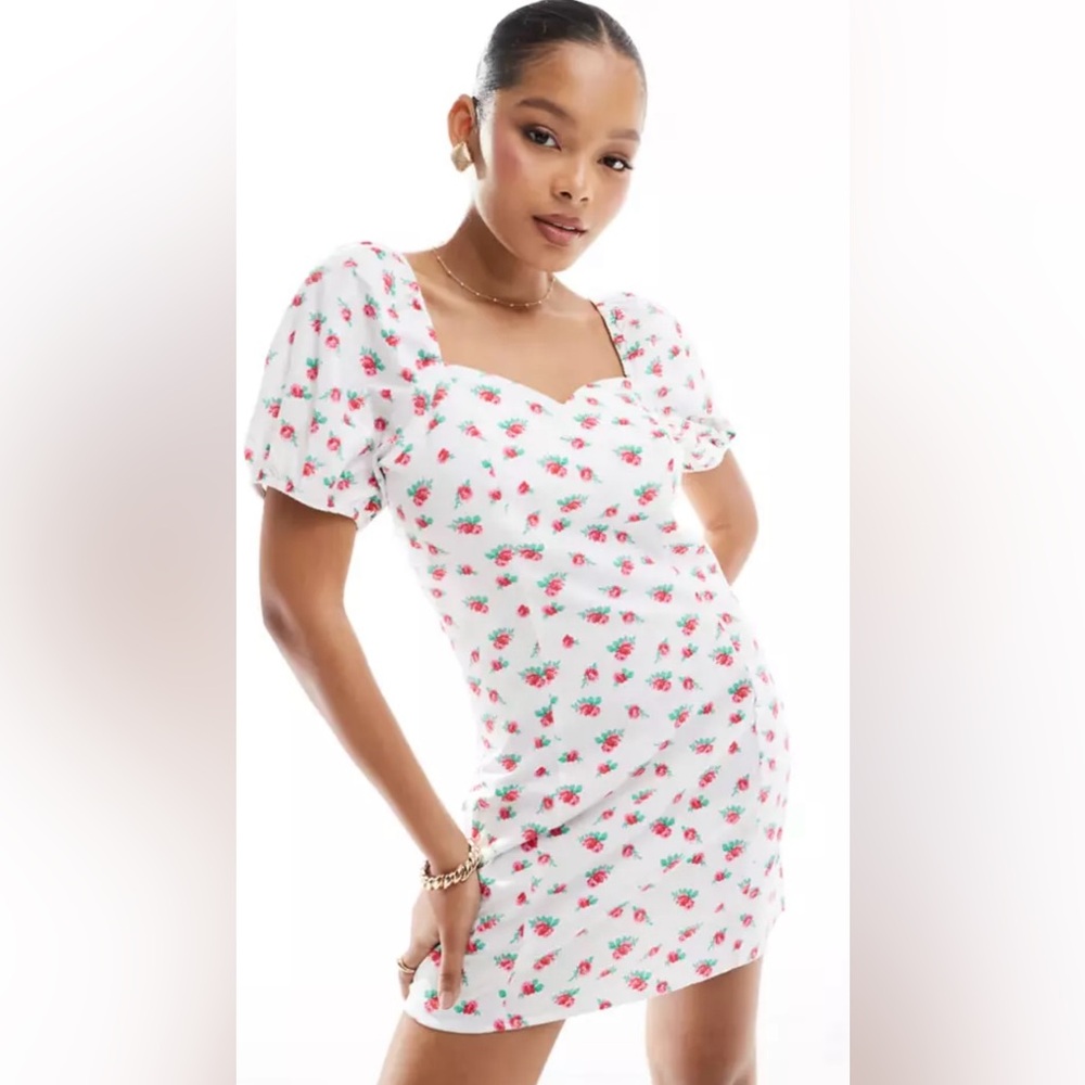 NWT Vero Moda Sweetheart Neckline Mini Dress Puff Sleeves Floral Print Sz Large